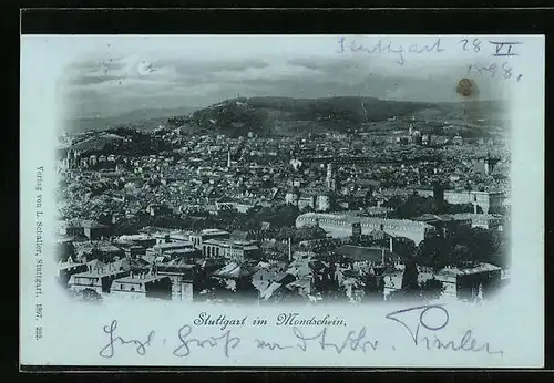 Mondschein-AK Stuttgart, Totalansicht im Mondlicht