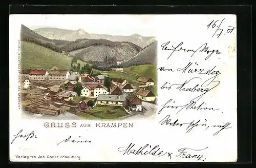 AK Neuberg-Krampen, Ortsansicht gegen die Berge
