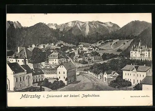 AK Mürzsteg, Teilansicht mit kaiserl. Jagdschloss gegen die Berge