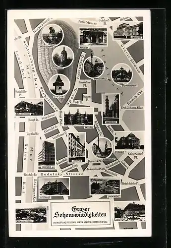 AK Graz, Stadtplan mit Universität, Opernhaus, Mausoleum, Justizpalast