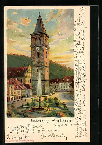 Lithographie Judenburg, Stadtthurm im letzten Tageslicht