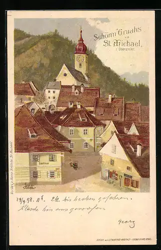 Lithographie St. Michael, Ortspartie mit Gasthaus und Kirche