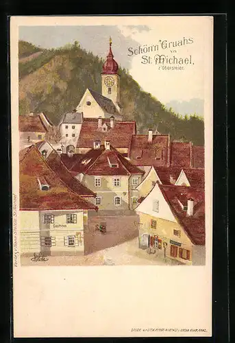 Lithographie St. Michael, Teilansicht mit Gasthaus und Kirche