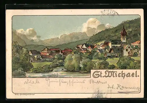 Lithographie St. Michael, Panoramablick auf die Ortschaft