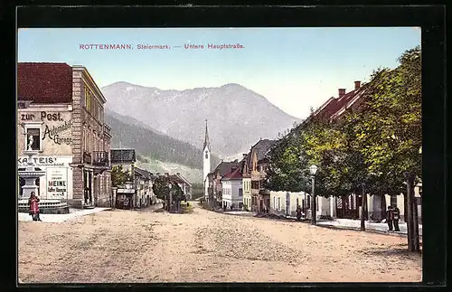 AK Rottenmann, Untere Hauptstrasse mit Gasthaus zur Post