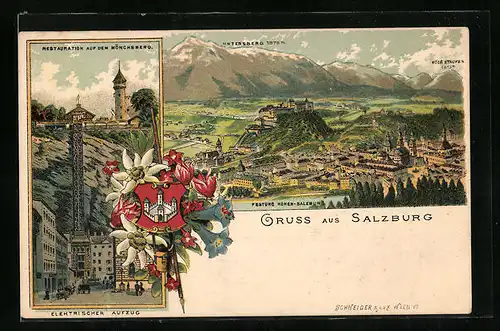 Lithographie Salzburg, Panorama, Restaurant auf dem Mönchsberg und Elektrischer Aufzug