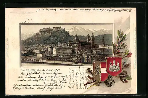 Lithographie Salzburg, Panorama mit Hohensalzburg, Wappen