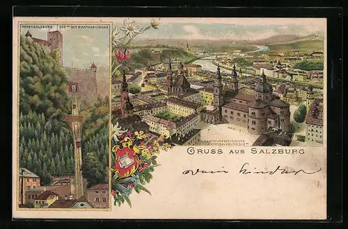 Vorläufer-Lithographie Salzburg, 1895, Hohensalzburg mit Drahtseilbahn, Blick von der Festung auf den Dom