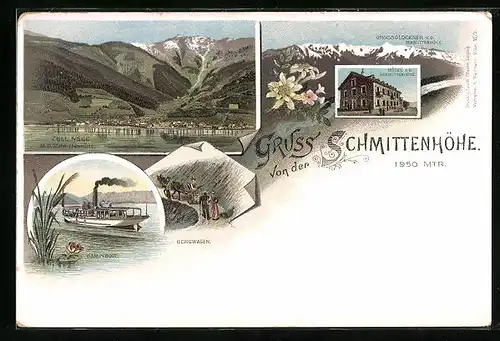 Lithographie Zell am See, Hotel auf der Schmittenhöhe, Dampfboot, Bergwagen