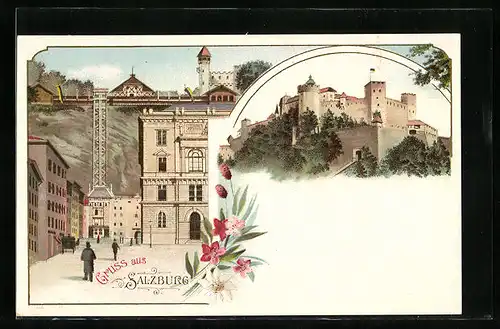 Lithographie Salzburg, Elektrischer Aufzug zur Festung Hohensalzburg