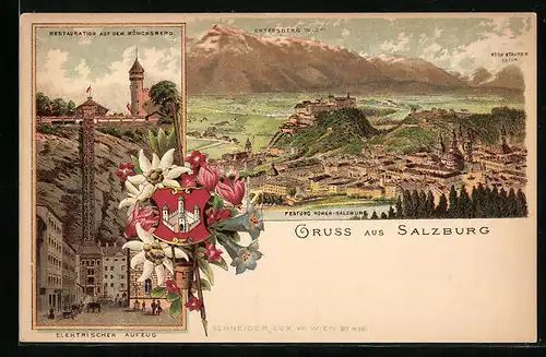 Lithographie Salzburg, Restaurant auf dem Mönchsberg und Aufzug, Panorama mit Untersberg