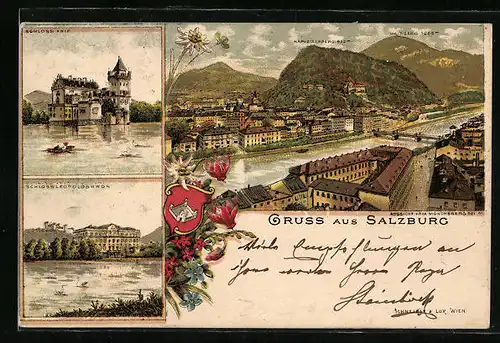 Lithographie Salzburg, Teilansicht gegen Kapuzinerberg, Schloss Anif