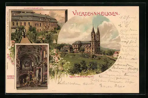Künstler-AK Erwin Spindler: Vierzehnheiligen, Klostergarten, Wallfahrtskirche, Gnadenaltar