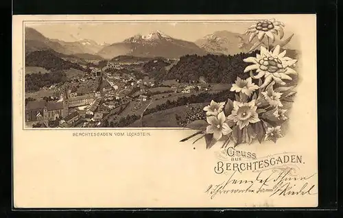 Lithographie Berchtesgaden, Ortsansicht aus der Vogelschau