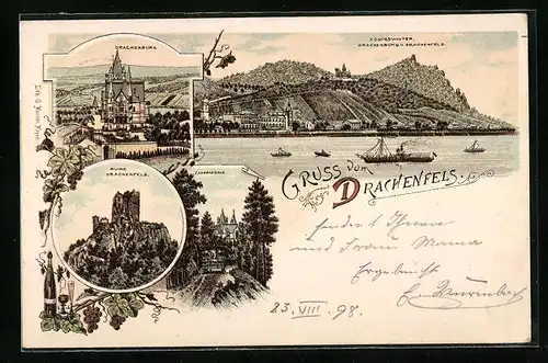 Lithographie Königswinter, Drachenburg, Ruine Drachenfels