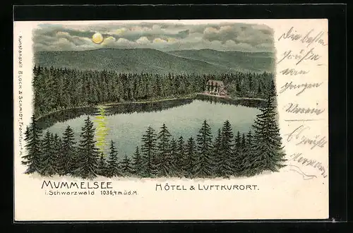 Lithographie Mummelsee i. Schwarzwald, Ortsansicht mit See