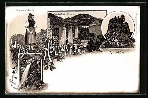Lithographie Höllenthal, Viadukt beim Sternen, Ravenna-Wasserfall, Ravennafelsen
