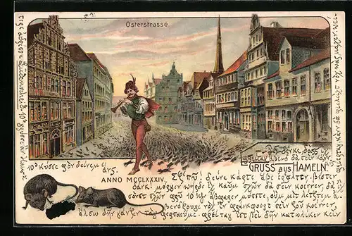 Lithographie Hameln, Osterstrasse anno MCCLXXXIV mit dem Rattenfänger von Hameln