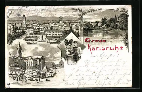 Lithographie Karlsruhe, Ortsansicht, Markt, Partie aus dem Stadtgarten