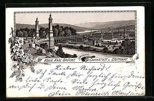 Lithographie Cannstatt, König Karl-Brücke zwischen Cannstatt und Stuttgart