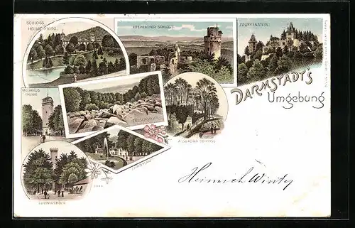 Lithographie Darmstadt, Ludwigshöhe, Auerbacher Schloss, Schloss Heiligenberg