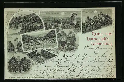 Mondschein-Lithographie Darmstadt, Ludwigshöhe, Auerbacher Schloss, Schloss Heiligenberg