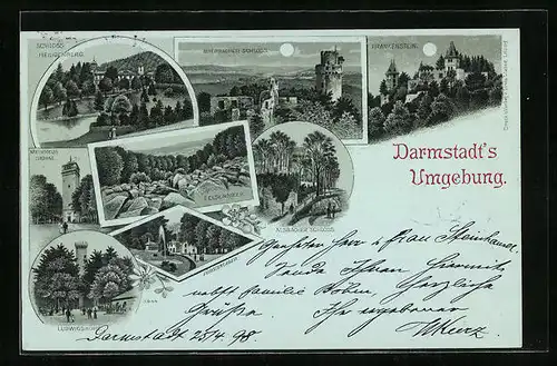 Mondschein-Lithographie Darmstadt, Lukdwigshöhe, Auerbacher Schloss, Schloss Heiligenberg