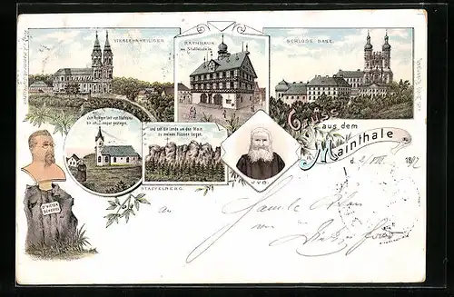 Lithographie Landau /Pf., Gruss aus dem Mainthale, Staffelberg, Schloss Banz