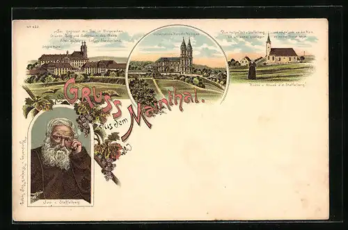 Lithographie Staffelstein, Ivo von Staffelberg, Wallfahrtskirche vierzehn Heiligen, Schloss Banz