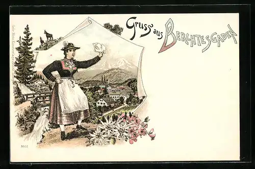 Lithographie Berchtesgaden, Blick auf den Ort, Mädchen in bayerischer Tracht