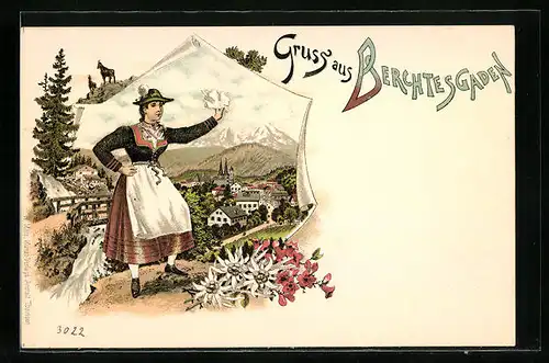 Lithographie Berchtesgaden, Ortsansicht mit Mädchen in Tracht