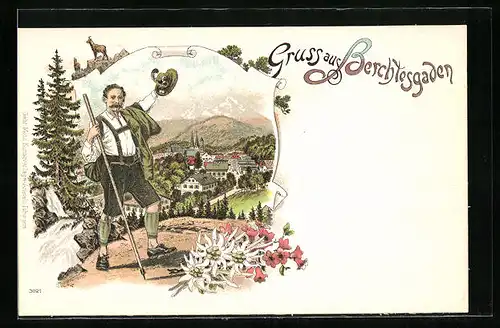 Lithographie Berchtesgaden, Blick auf den Ort, Grüssender Bayer in Tracht