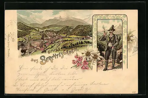 Lithographie Berchtesgaden, Ortsansicht aus der Vogelschau mit Mann in Tracht