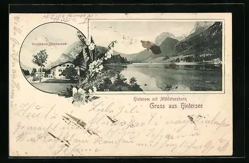 AK Hintersee, Blick auf Hintersee mit Mühlsturzhorn und Gasthaus