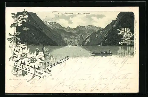 Lithographie Schönau, Königssee mit Boot vom Malerwinkel