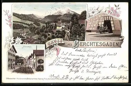 Lithographie Berchtesgaden, Ortsansicht, Einfahrt in den Ferdinandberg, Nonnthal