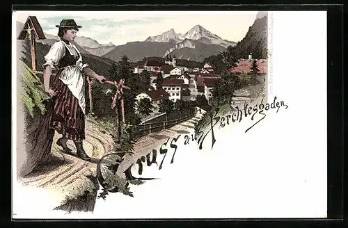 Lithographie Berchtesgaden, Alpenmädel vor Ortsansicht aus der Vogelschau