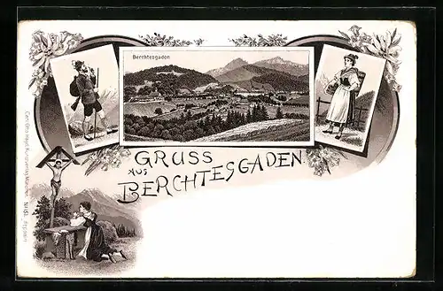 Lithographie Berchtesgaden, Ortsansicht mit betender Frau vor Wegkreuz