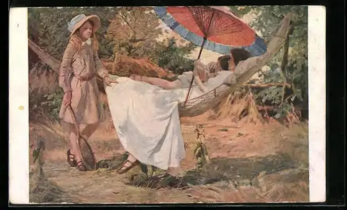 AK Tennisspielerin und lesende Mädchen in einer Hängematte