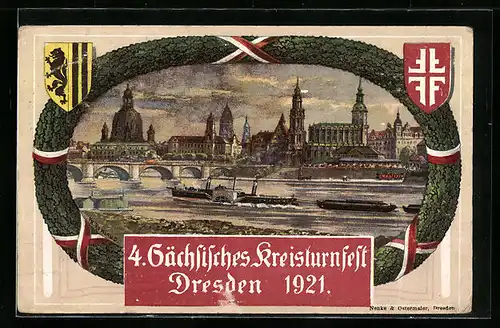 Künstler-AK Dresden, 4. Sächsisches Kreisturnfest 1921, Stadtpanorama von der Friedrich-Augustbrücke aus mit Elbdampfer
