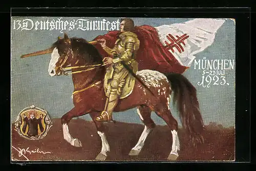 Künstler-AK München, 13. Deutsches Turnfest, Reiter in goldener Rüstung, Müncher Kindl