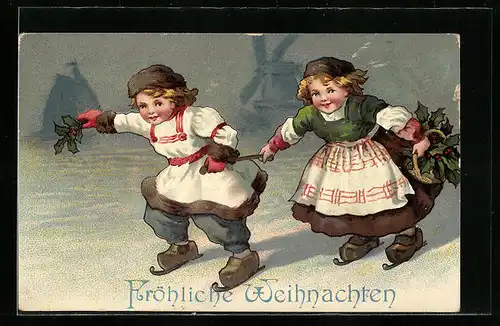 AK Kinder mit Mistelzweigen beim Schlittschuhlaufen
