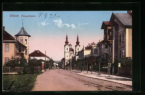 AK Villach, Peraustrasse mit Kirche