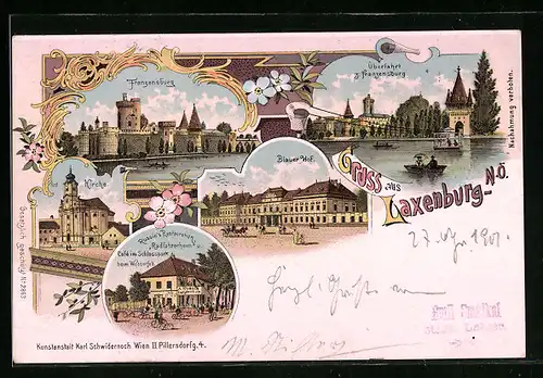 Lithographie Laxenburg, Franzensburg, Gasthaus Radfahrerheim und Cafe im Schlosspark, Kirche