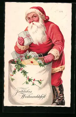 Künstler-AK Weihnachtsmann mit Geschenkesack, Weihnachtsgruss