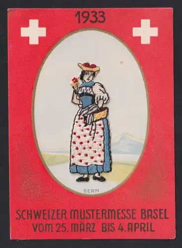 Stick-AK Basel, Schweizer Mustermesse vom 25. März bis 4. April 1933, Junge Dame in Tracht, Ausstellung
