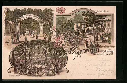 Lithographie Berlin-Treptow, Gasthaus Kaiser Wilhelm Garten, Eingang, Sommer-Theater