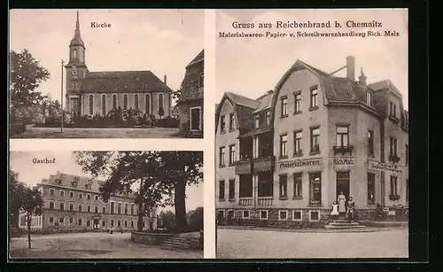 AK Reichenbrand bei Chemnitz, Materialwarenhandlung Malz, Gasthof und Kirche
