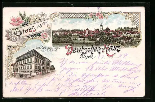 Lithographie Alsfeld, Hotel Deutsches Haus mit Strasse, Ortsansicht aus der Vogelschau