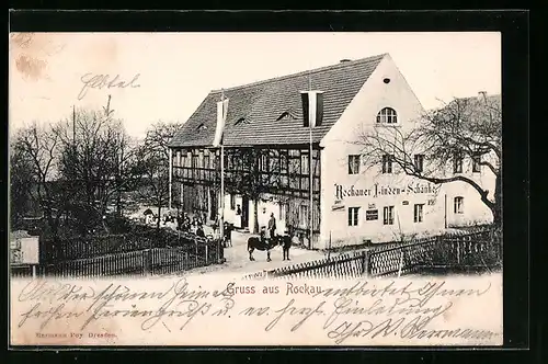 AK Rockau, Gasthaus Rockauer Linden-Schänke mit Garten und Gästen aus der Vogelschau